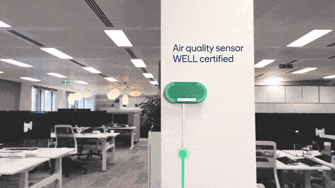 A green air quality sensor in a Skanska office.