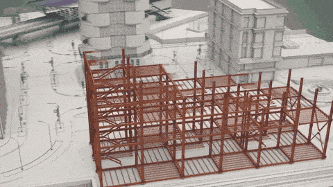 A Symmetric 3d model of a steel structure in a city.